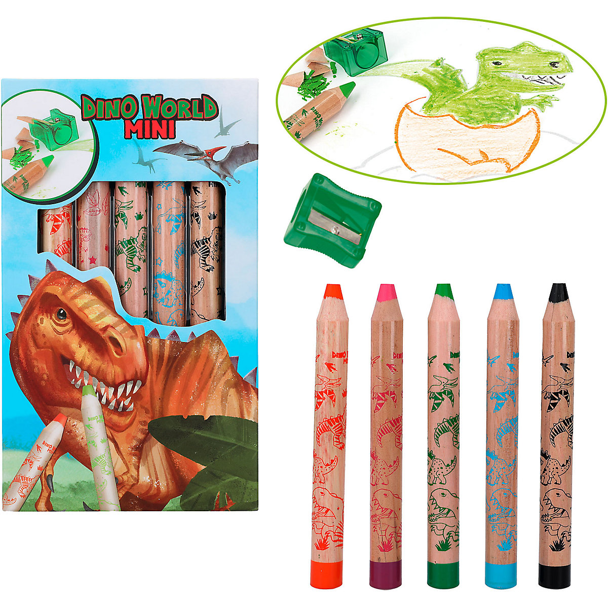 Dino World Mini-Jumbo-Buntstifte, 5 Farben inkl. Anspitzer