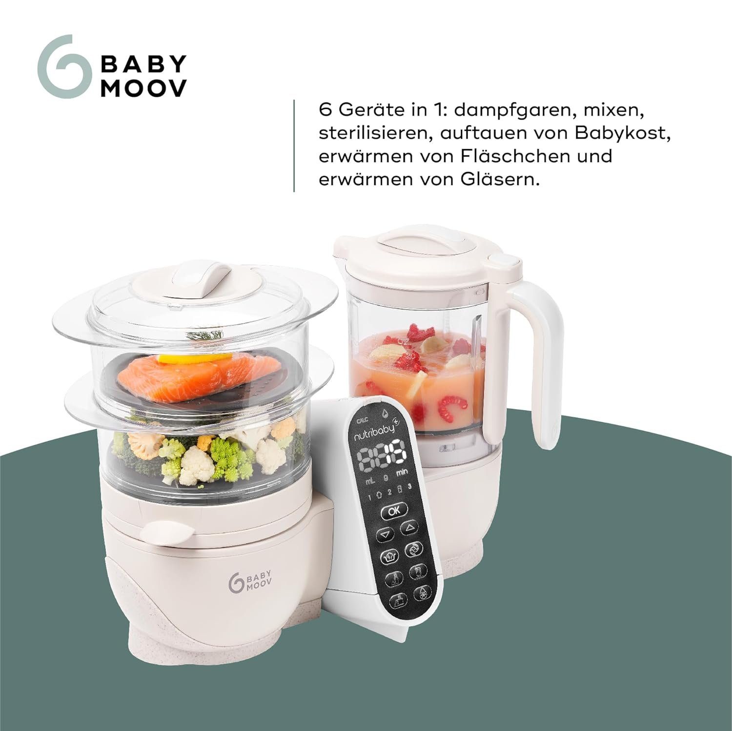 BABYMOOV Babynahrungszubereiter 6in1, Nahrungszubereiter, Mixen Mixer, Baby Nahrung, Dampfgaren, 25,00 W, 2,20 l Schüssel, Babynahrungszubereiter Sterilisieren Zubereiter