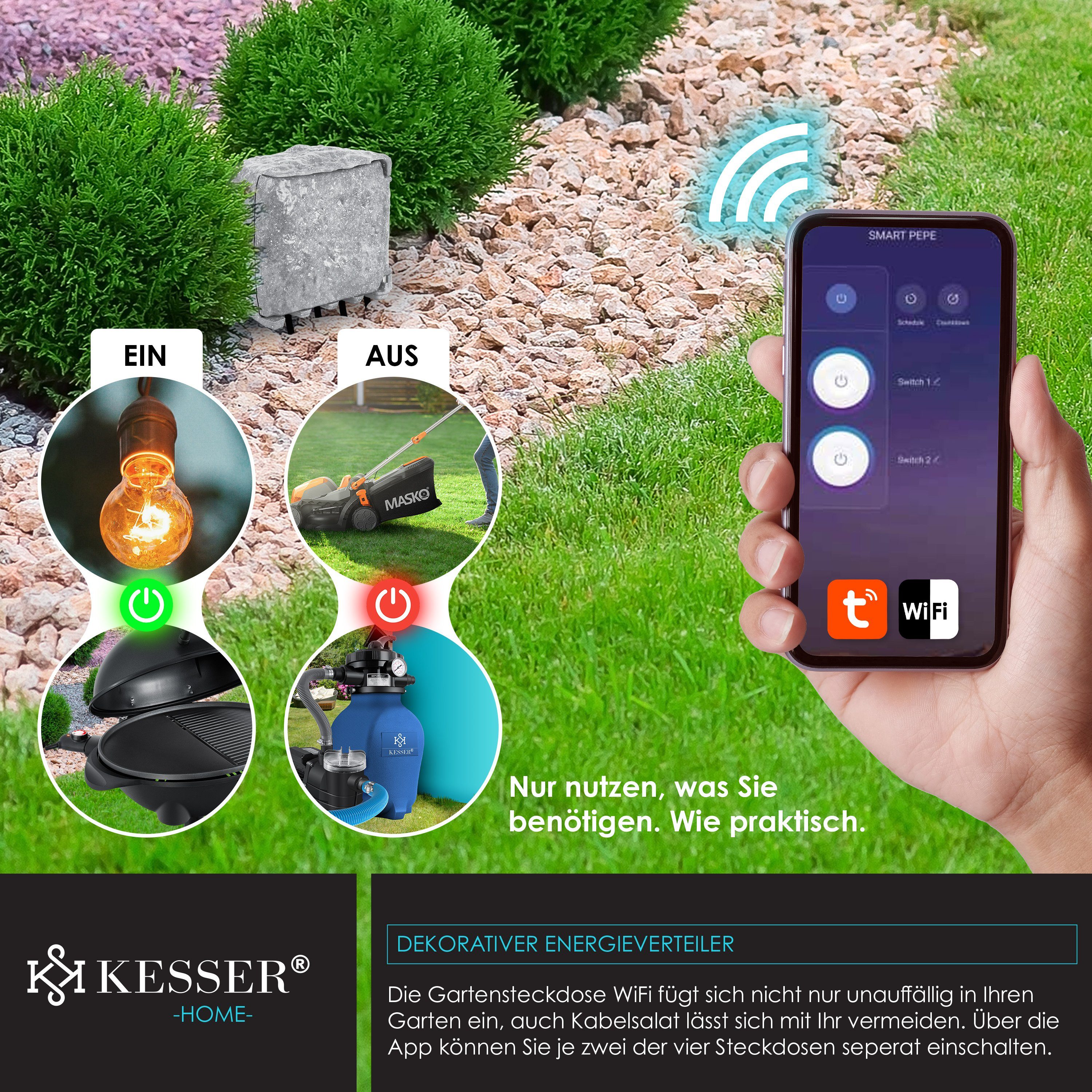 KESSER Gartensteckdose, Gartensteckdose Steinoptik mit Steckplätzen mit WiFi Fun