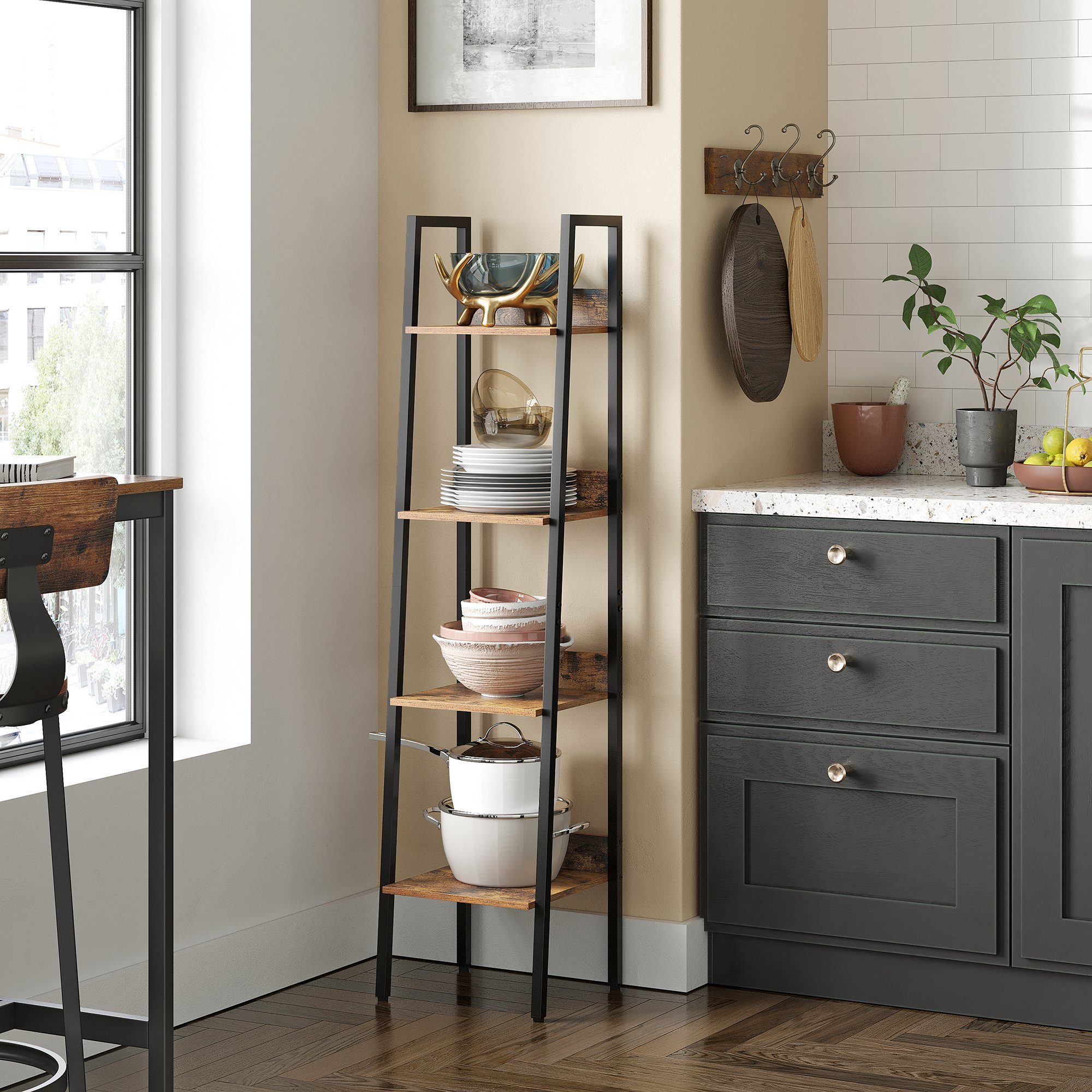VASAGLE Standregal, Bücherregal, Leiterregal, 140/170 cm, Industrie-Design