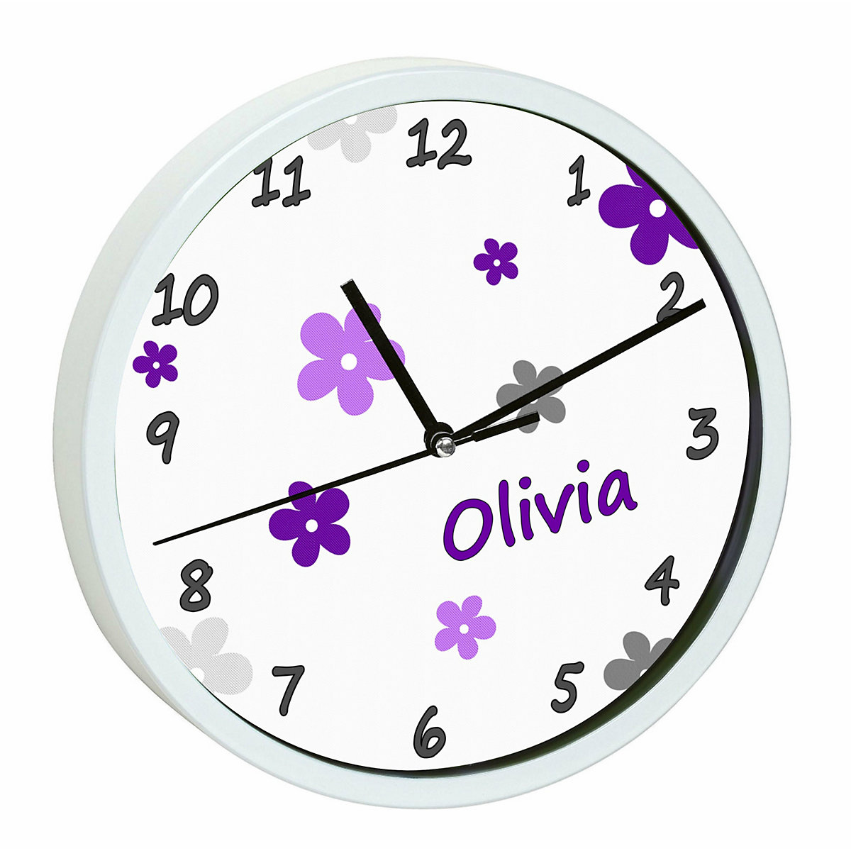 Kinder Wanduhr personalisiert mit Name Blumen Lila-Grau