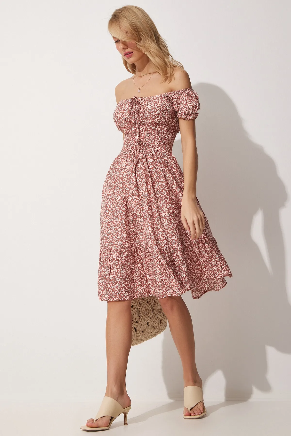 Happiness İstanbul  Damen-Sommerkleid mit Carmen-Kragen, ziegelfarben, gestrickt, MX00080