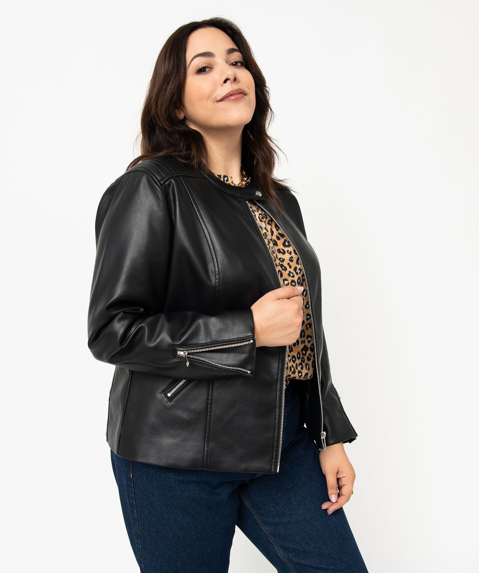 Blouson femme grande taille style biker noir | GEMO