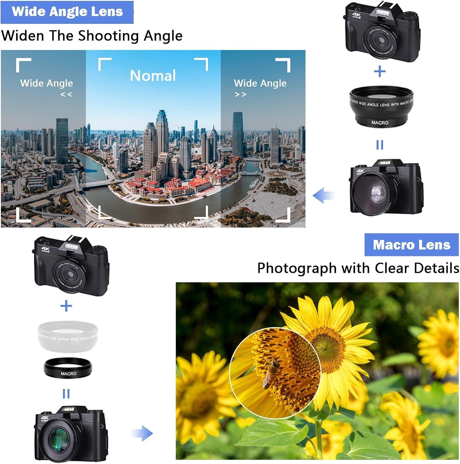 A Ade Digitalkamera 4K 48MP Systemkamera Kompaktkamera (48 MP, WLAN (Wi-Fi), inkl. 16X Digitalzoom, 3.0 Zoll 180 ° Grad Drehung Flip-Screen)