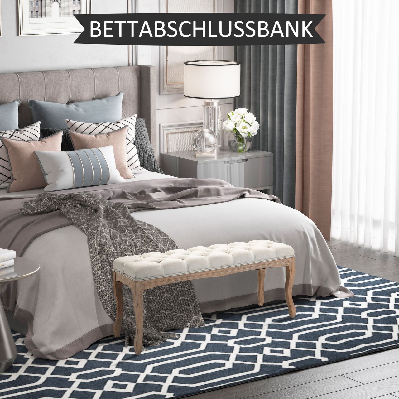 HOMCOM Polsterbank Sitzbank Truhenbank Schuhbank Vintage Gummiholz Leinen Beige