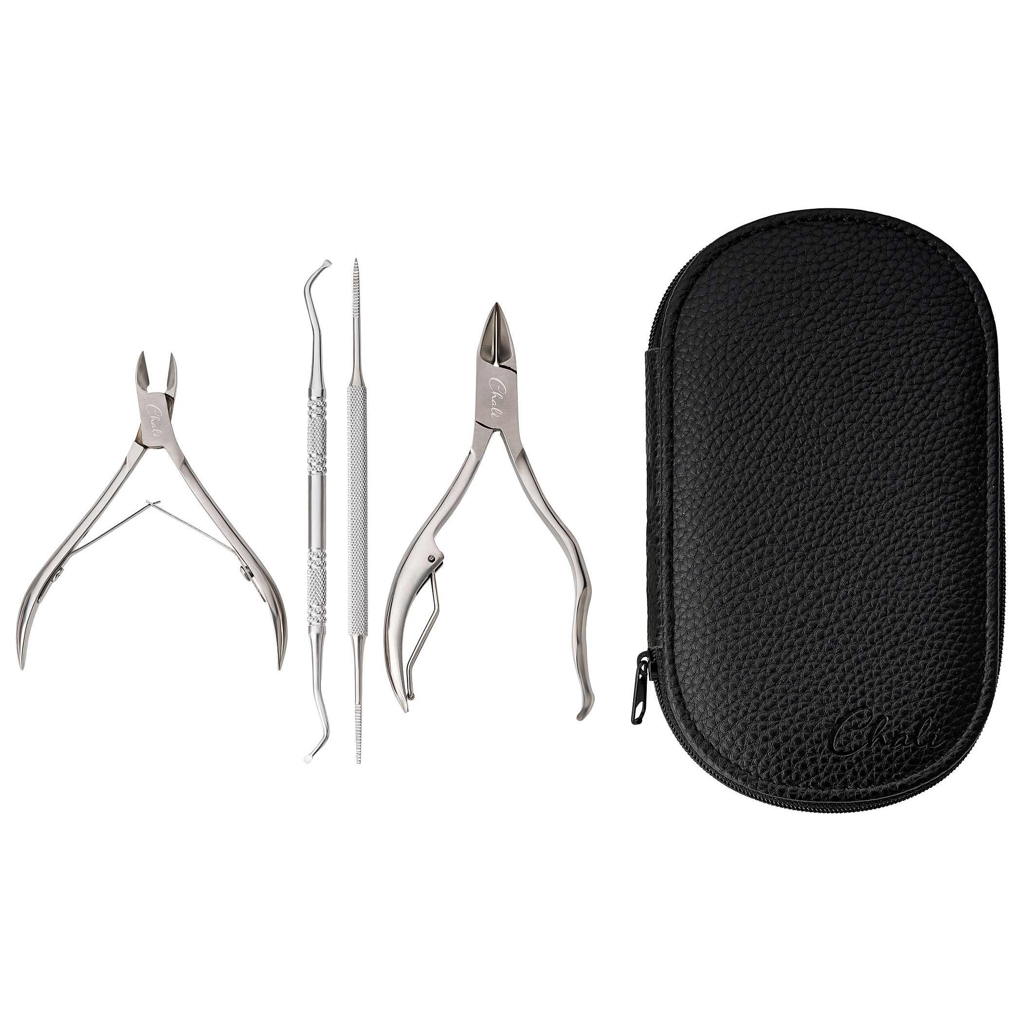 Chali Maniküre-Pediküre-Set Pediküre Set 4-tlg - Nagelzangen Eckenheber Eckenfeile aus Edelstahl, 4-tlg., Große Nagelzange, kleine Nagelzange, Eckenheber, Feile, Etui