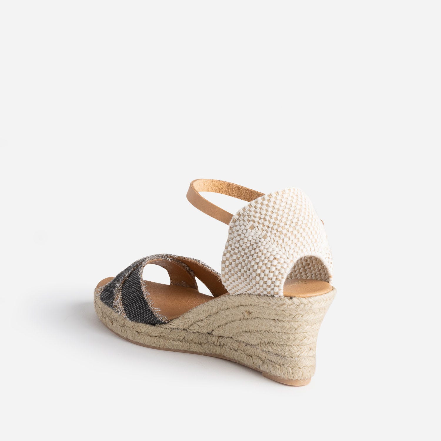 Sandale compensée beige pailleté doré en toile