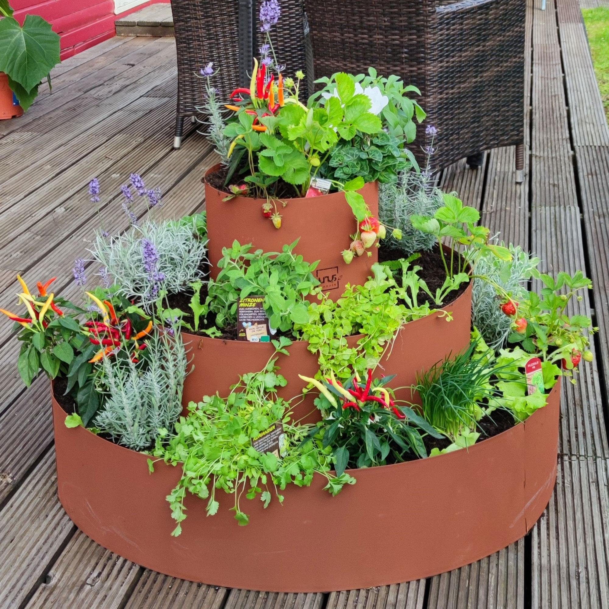 UNUS GARDEN Hochbeet Kräuterschnecke Rostoptik (3 Ringe Ø 30, 60 und 90 cm), Kräuterspirale Kräuterpyramide Pflanzring
