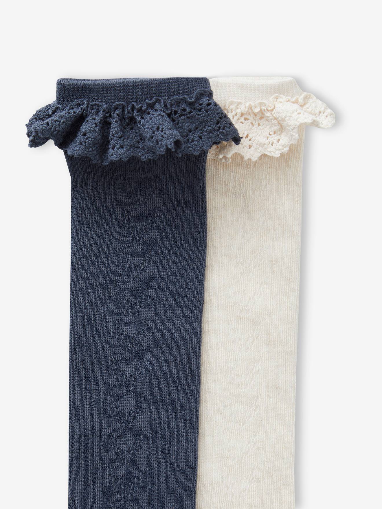Lot de 2 paires de chaussettes hautes en maille ajourée et dentelle fille marine