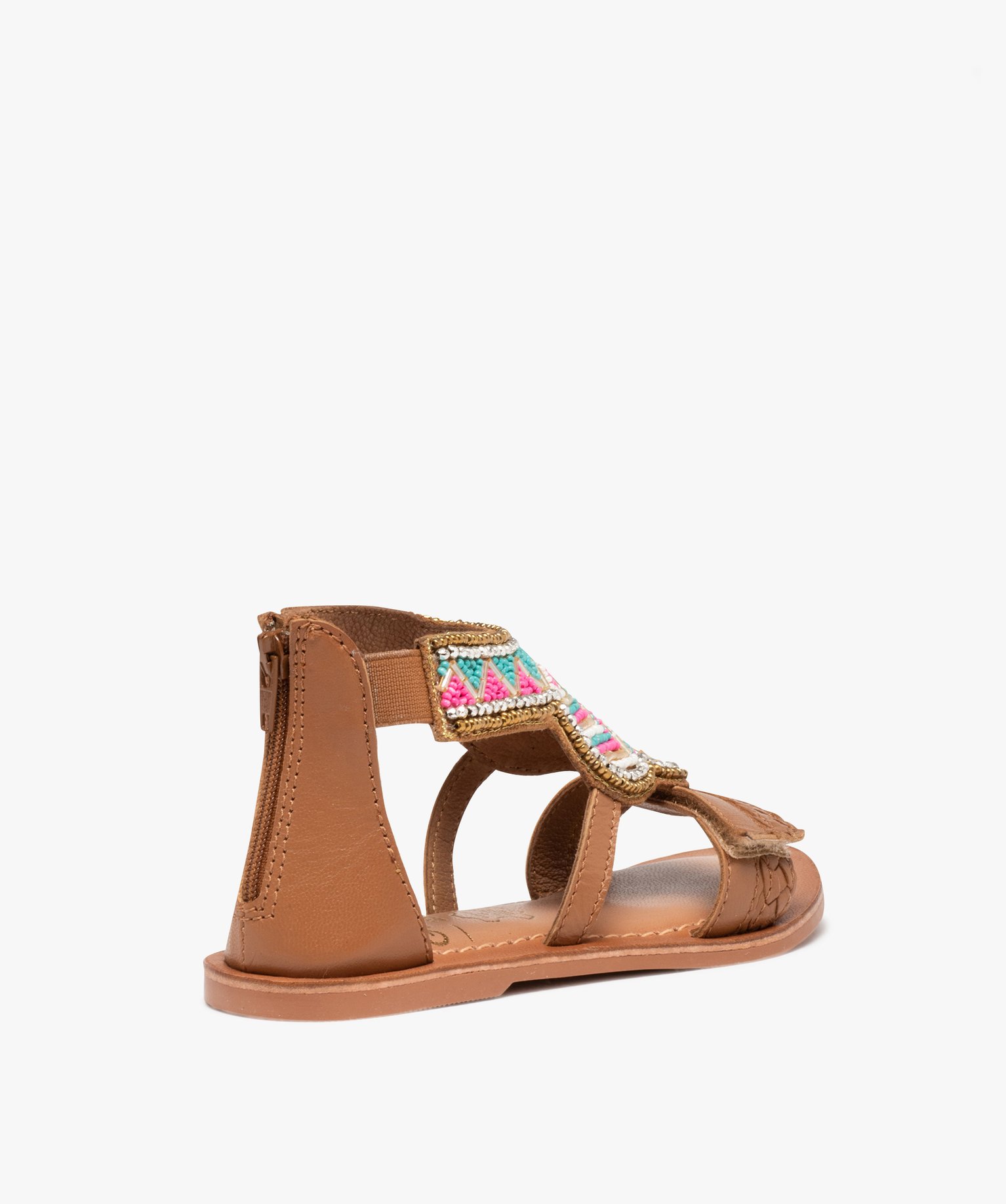 Sandales fille montantes à brides ornées de perles camel | GEMO