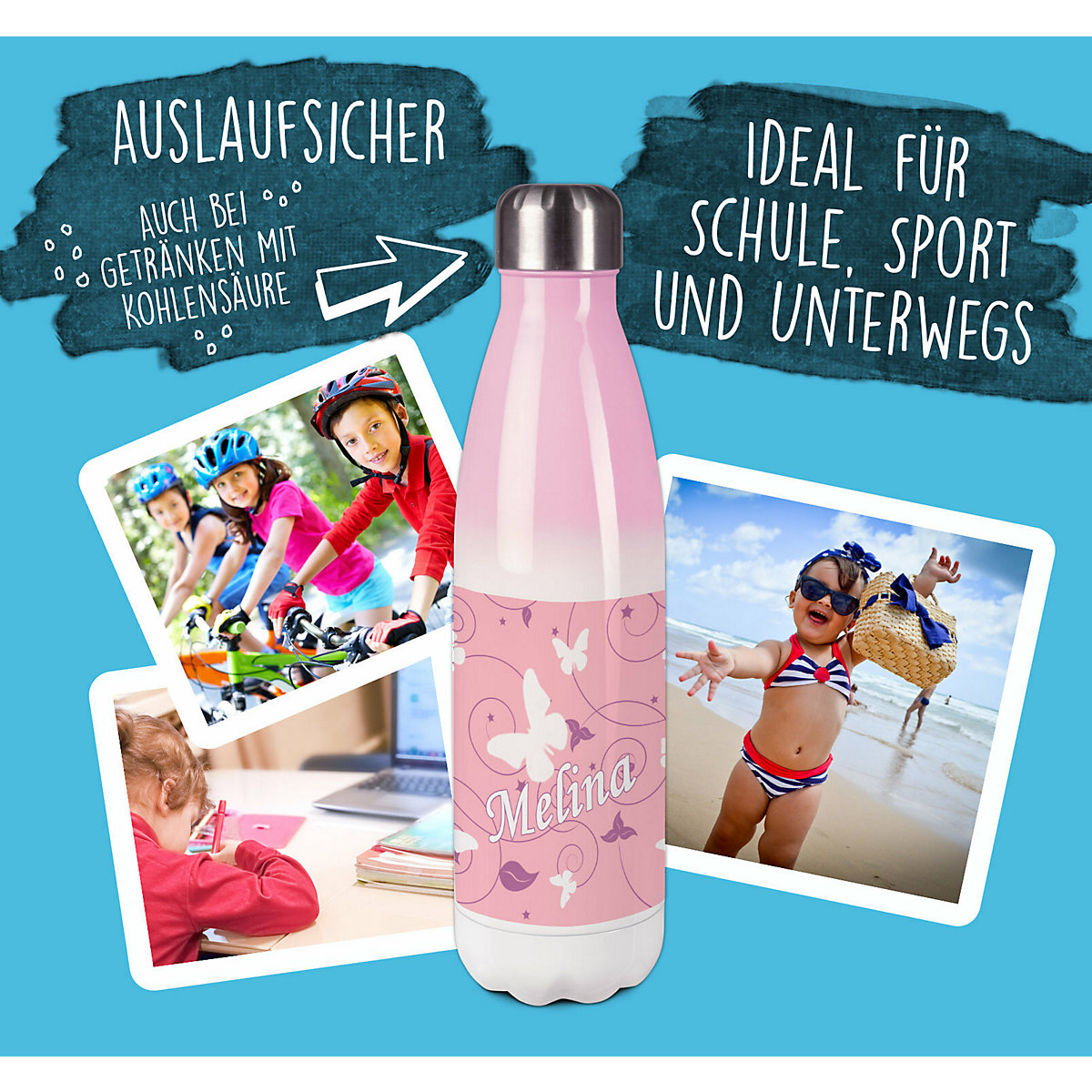 Edelstahl Kinder Thermoflasche / Trinkflasche bunt Schmetterling Ornamente Farbe rosa lila Spülmaschinenfest, Auslaufsicher, Bruchfest, Doppelwandig, Für Heißgetränke geeignet, Mit Deckel, Isolier