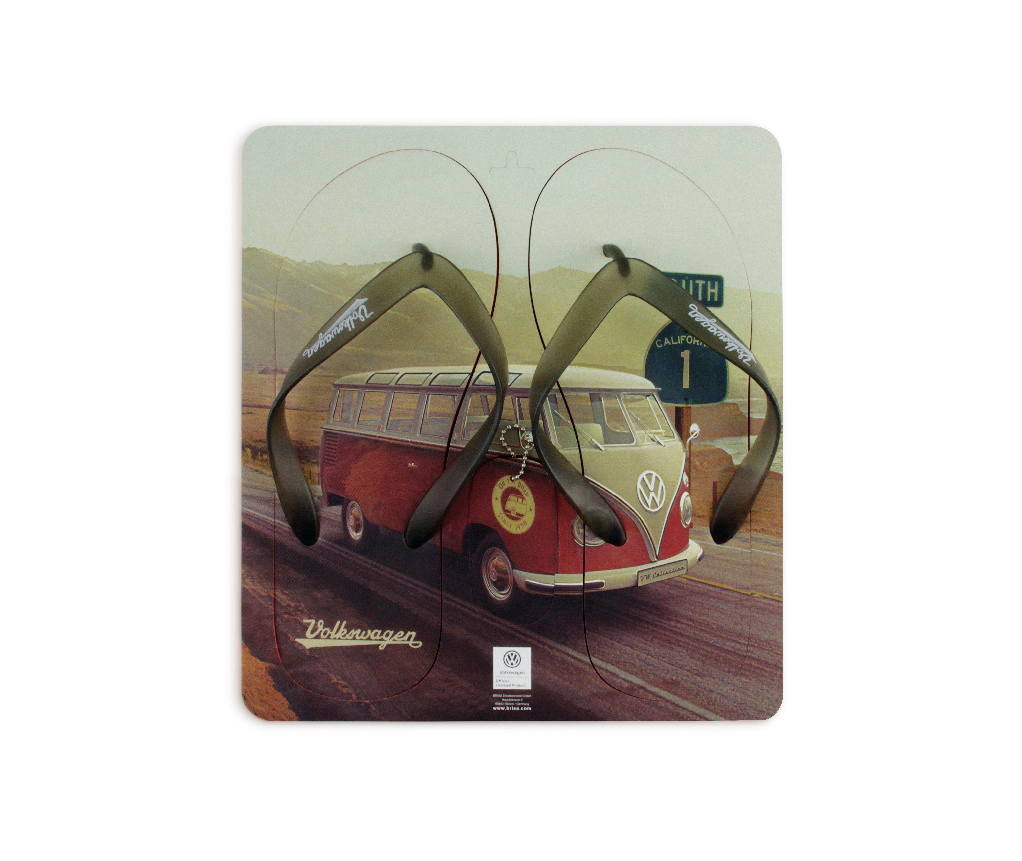 VW Collection by BRISA Volkswagen Sandalen mit T1 Bulli Bus Motiv Zehentrenner trendige Badeschlappen im roten T1 Bus Design