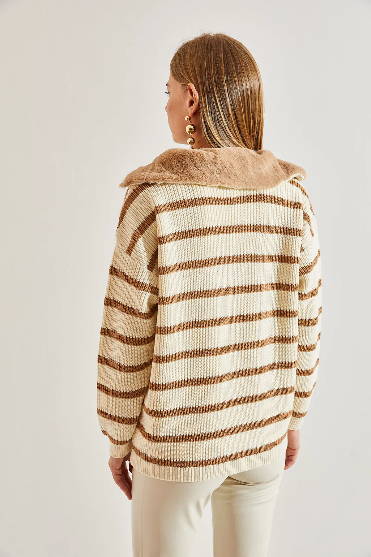 Bianco Lucci  Gestreifter Damen-Strickpullover mit Pelzkragen und Reißverschluss