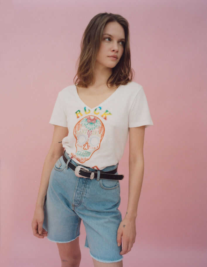Tee-shirt blanc visuel tête de mort métalisé et broderies femme