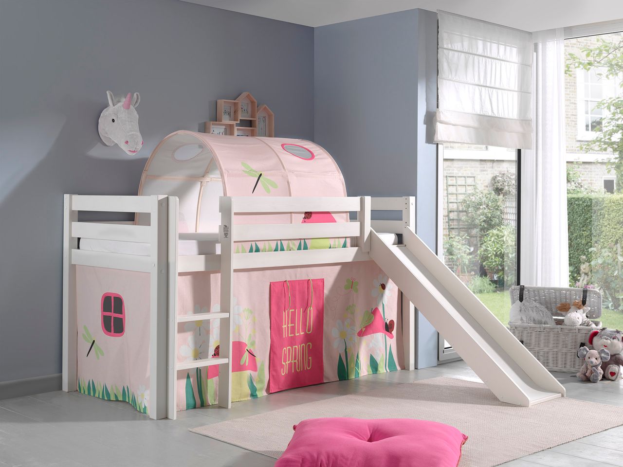 VIPACK Spielbett Pino inkl. Rutsche mit Textilset Vorhang und Tunnel 