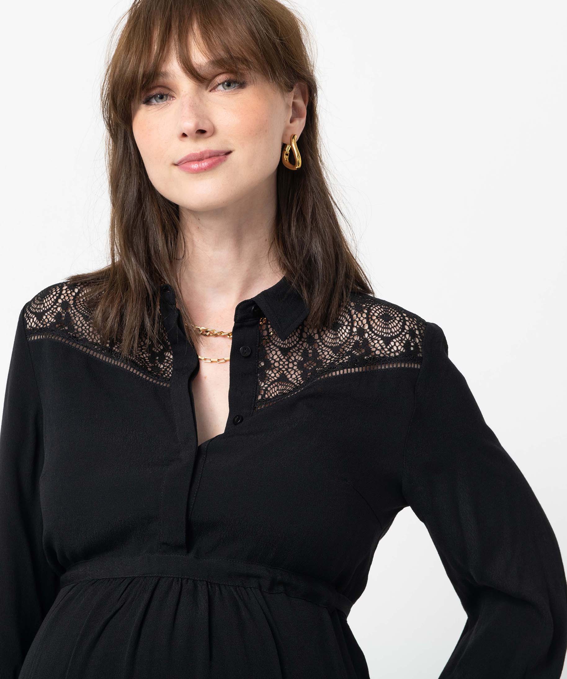 Blouse de grossesse fluide avec dentelle à manches noir | GEMO