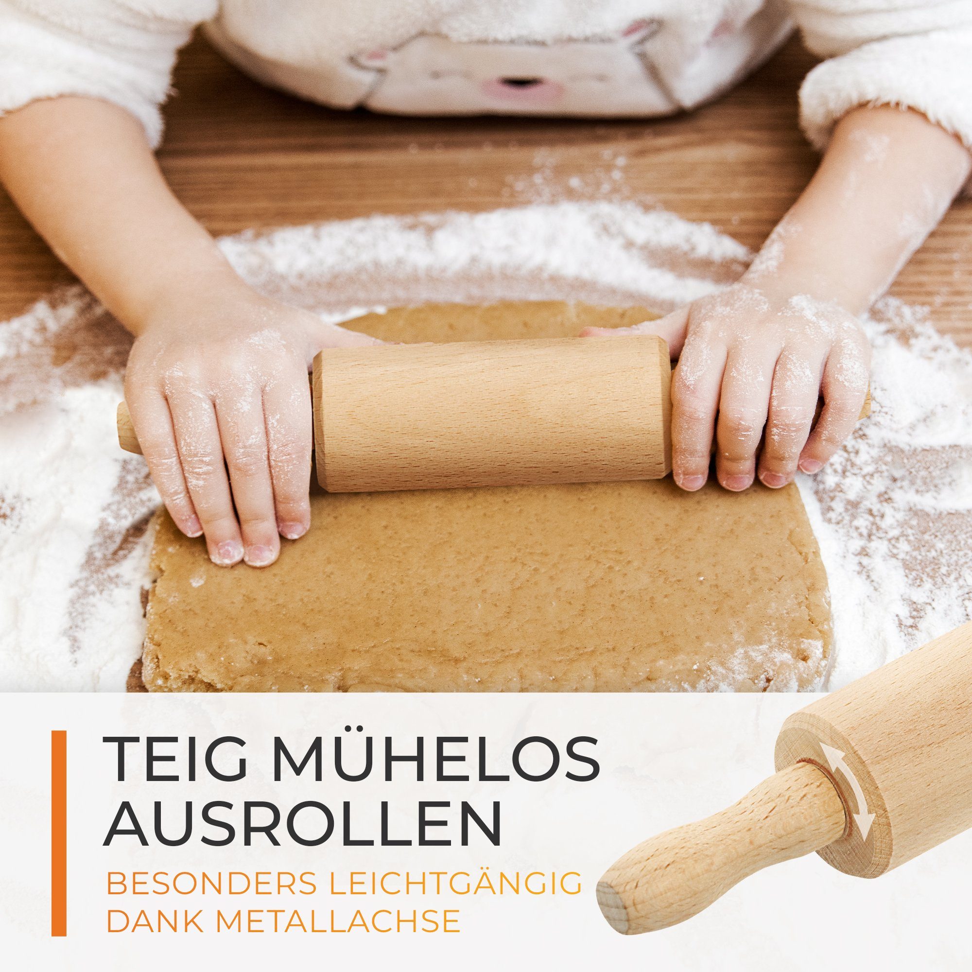 TIMELEOS Nudelholz mit Metallachse - Teigroller - Backrolle aus Buchenholz Teigrolle Buchenholz, (1-tlg), Holz Natur nachhaltig