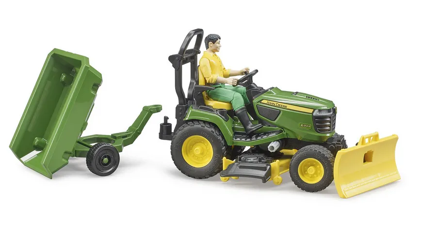 BRUDER - bworld John Deere Rasentraktor mit Anhänger und Gärtner
