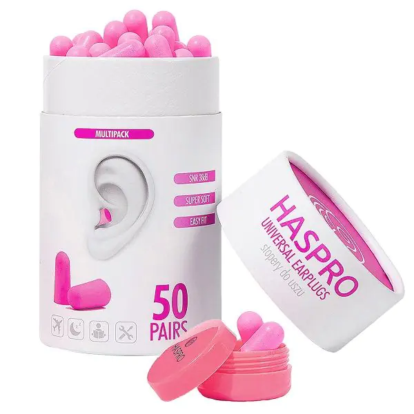 Tapones para los oídos de espuma tubular Haspro, color rosa.