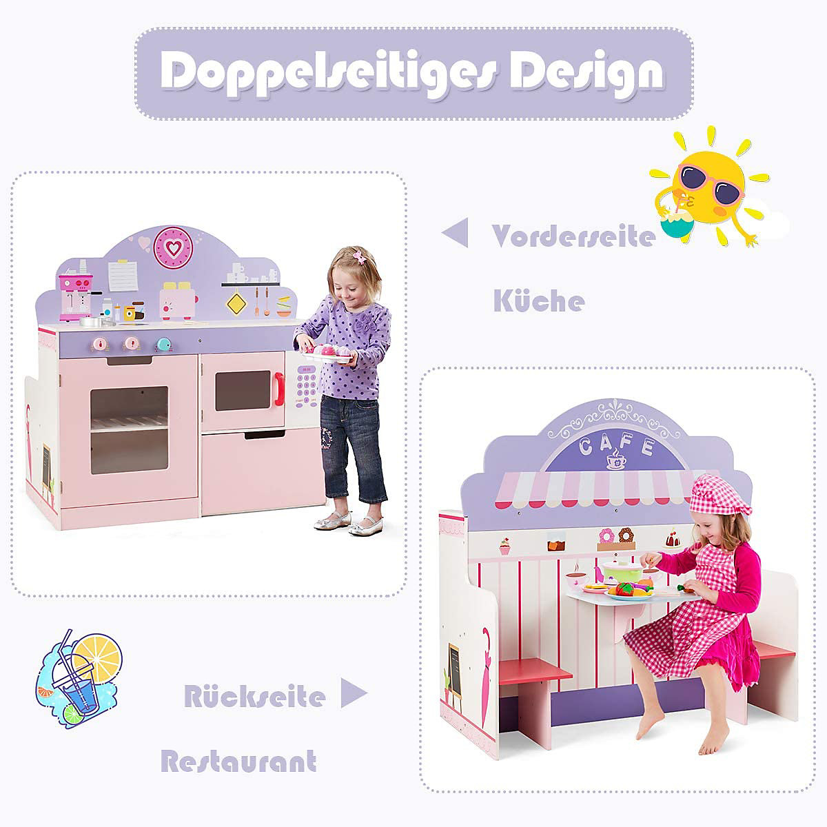 Kinderküche Spielküche doppelseitig mit Sitzgruppe