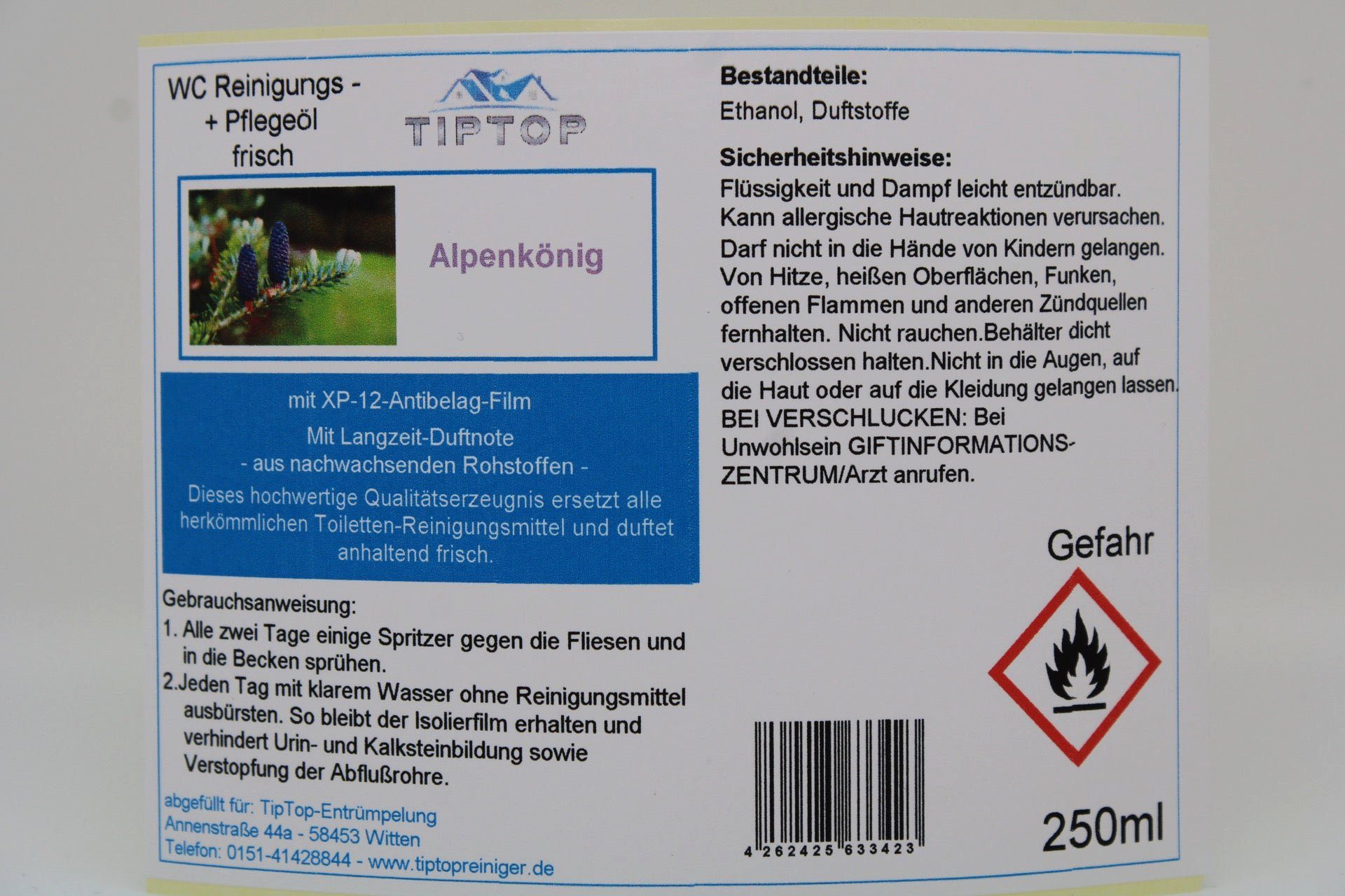TIPTOP Raumduft WC Reiniger Reinigungs und Pflege Öl frisch 250 ml (verschiedene Duftnoten, Alpenkönig, Cool, Eukalyptus, Fichte, Lavendel, Pfefferminze, Zirbe, Neutral ohne Duft)
