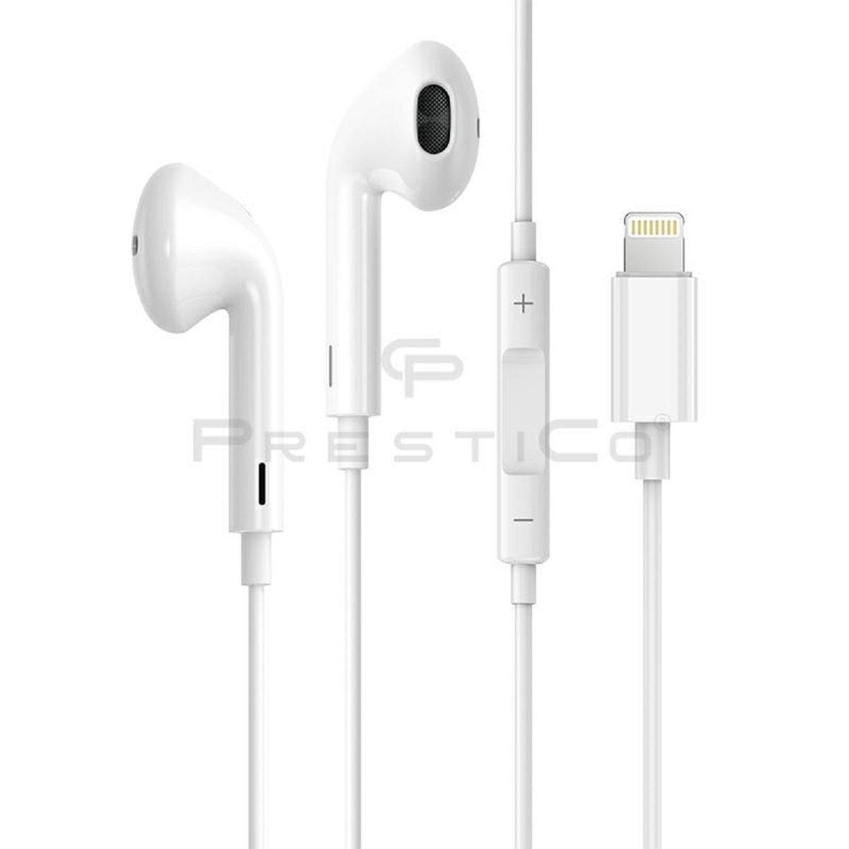PrestiCo HF3 mit Lightning-Anschluss Kopfhörer Weiß In-Ear-Kopfhörer (Kabelgebunden, In-Ear-Kopfhörer, Intergrierte Steuerung für Anrufe und Musik, Lightning-Ohrhörer, Stereo-Kopfhörer, für iPhone Apple Earpods)