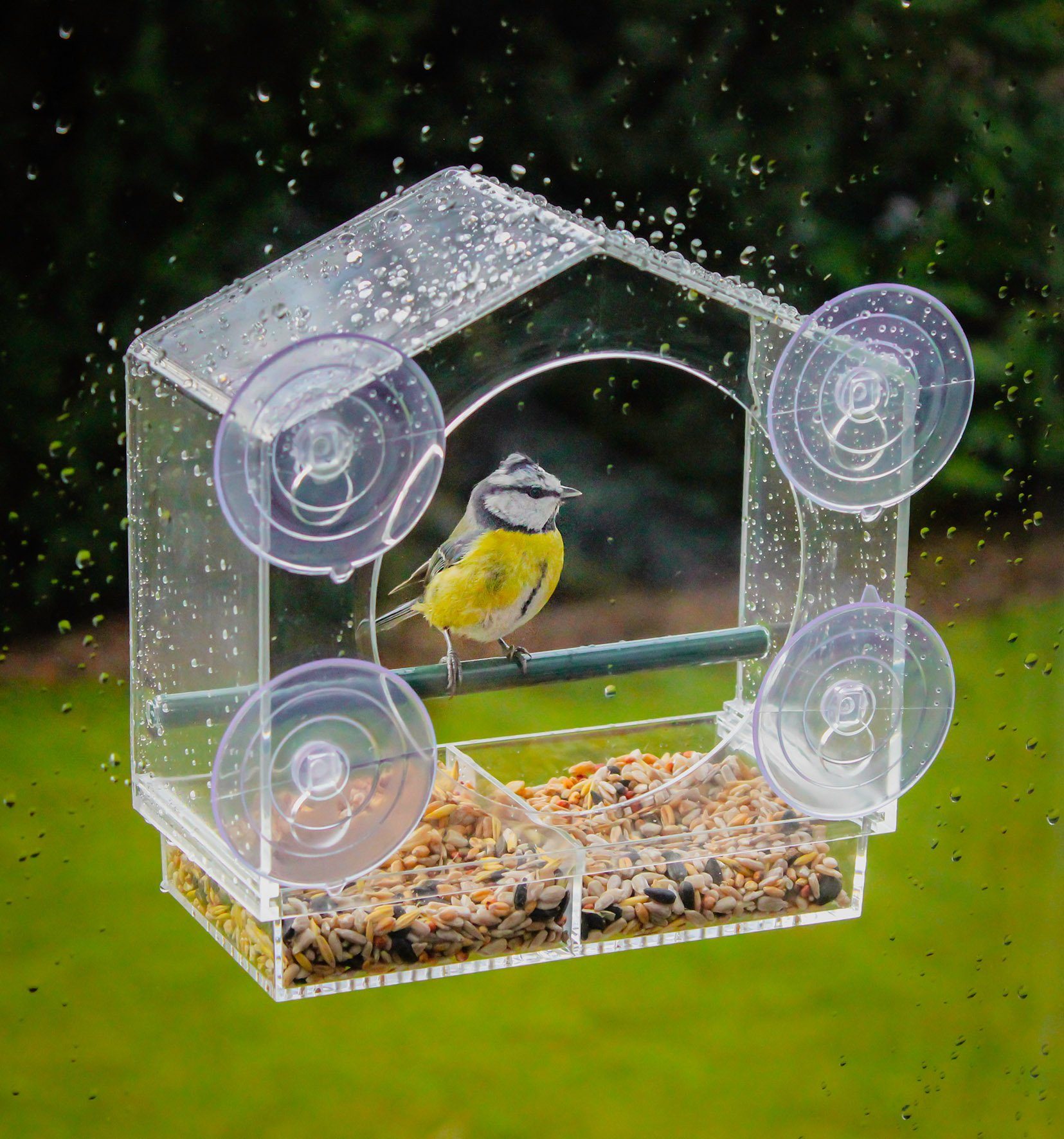 Spetebo Vogelhaus Fenster Futterhäuschen für Vögel - 20 x 18 cm, Transparentes Vogelhäuschen mit Saugnäpfen und Sitzstange