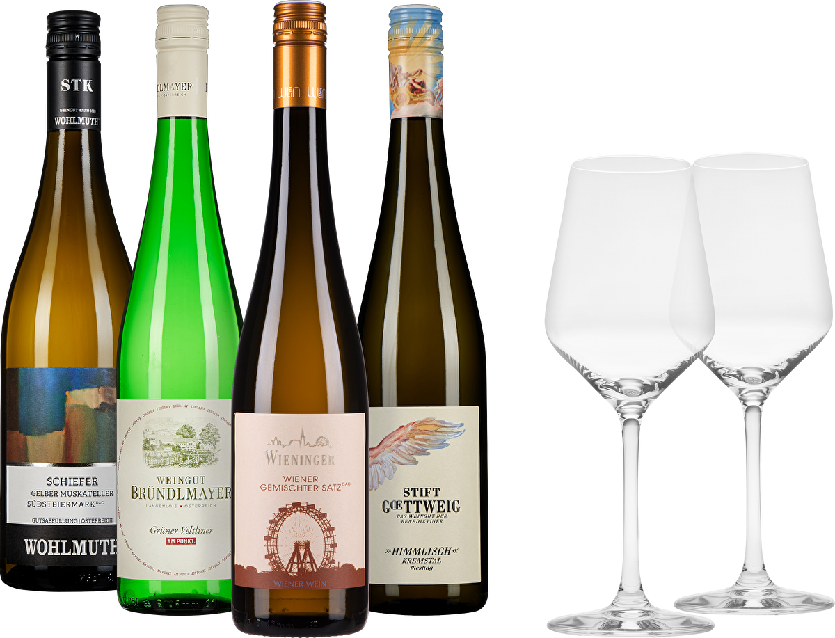 Weißwein Probierpaket + 2 Gläser gratis