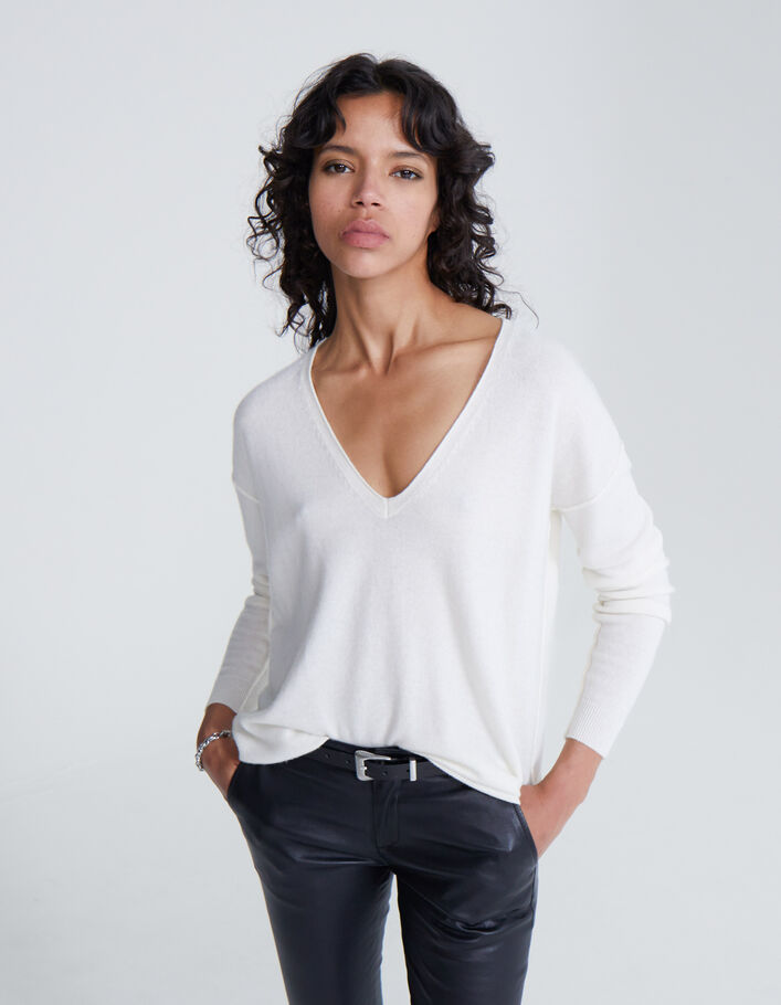 Pull blanc cassé 100% cachemire pointelles chevrons femme