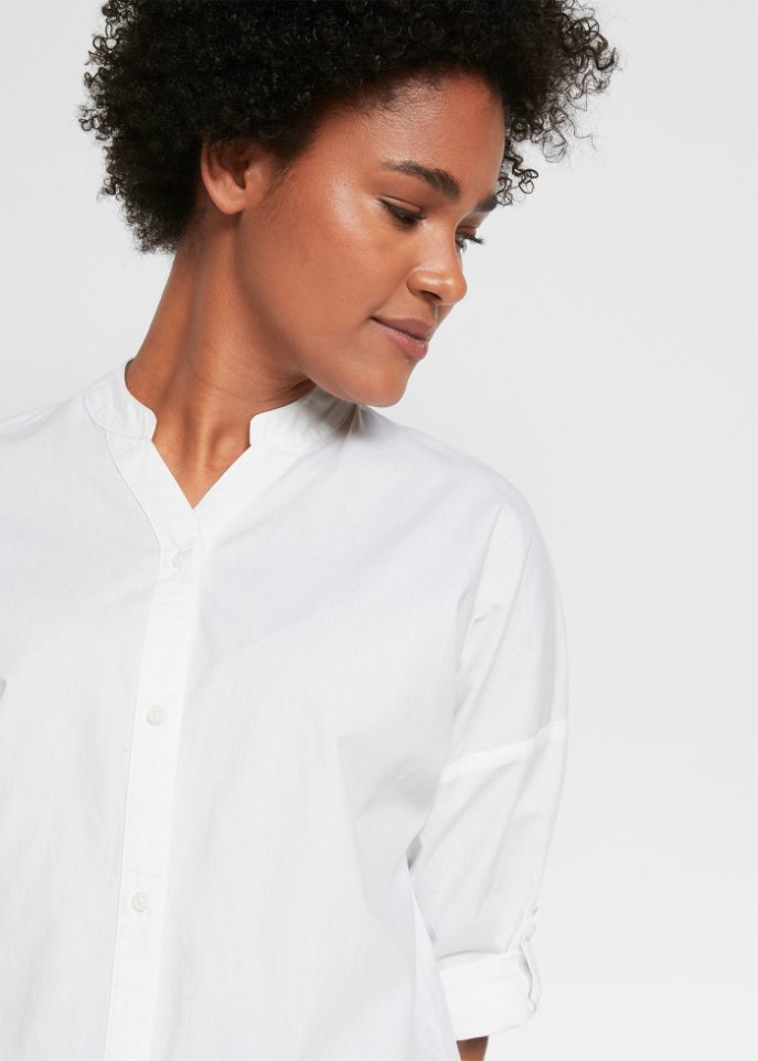 Popeline Bluse mit Tasche mit Turn-Up Ärmel
