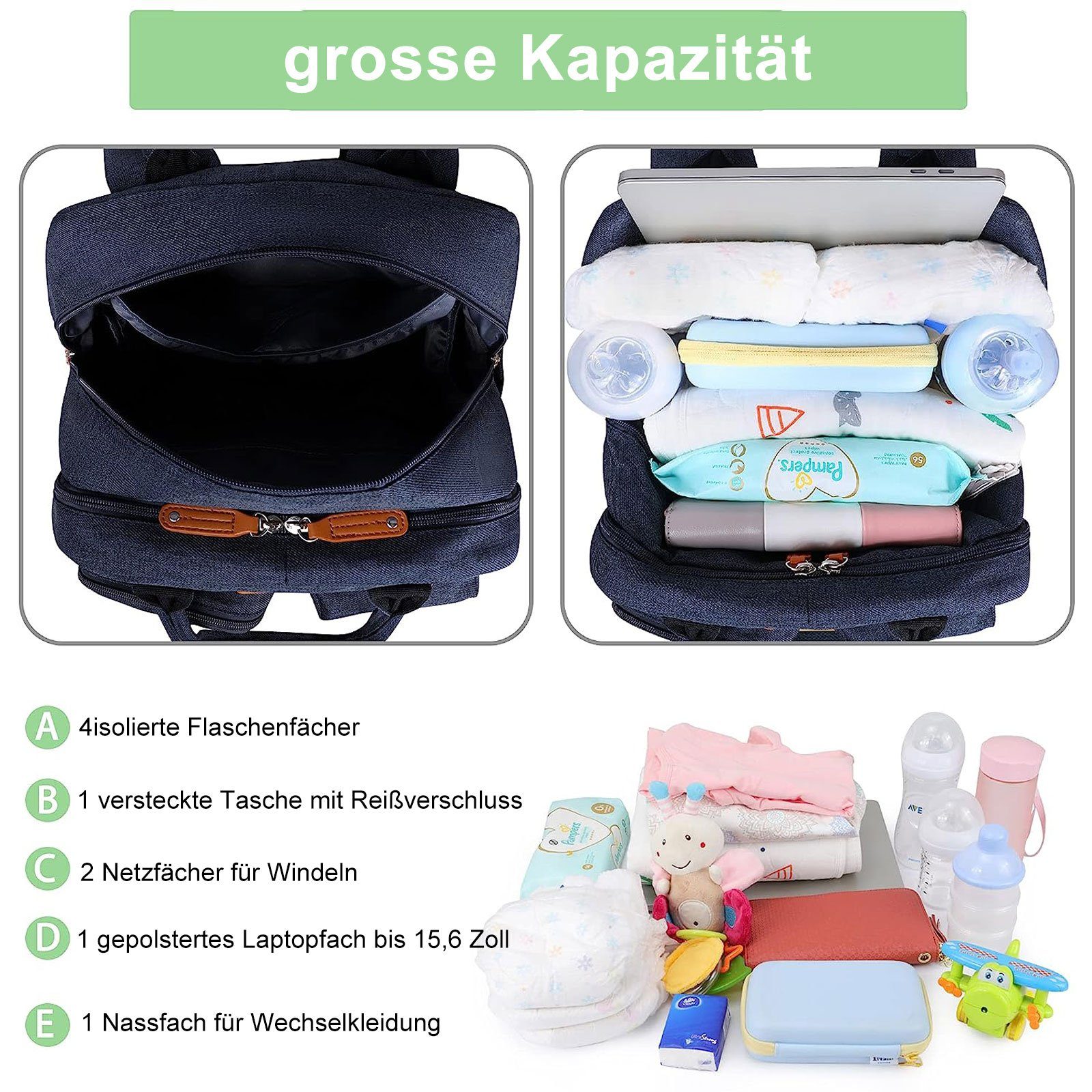 REDOM Wickelrucksack Wickeltasche Rucksack Baby Multifunktions-Babytaschen Wärmeisolierte (Windeln Babyflasche Milchfläsche Rucksack Tasche mit Flaschenhalter, Multifunktional, Babytasche, für Mama und Papa unterwegs, mit Laptopfach), mit tragbarer m