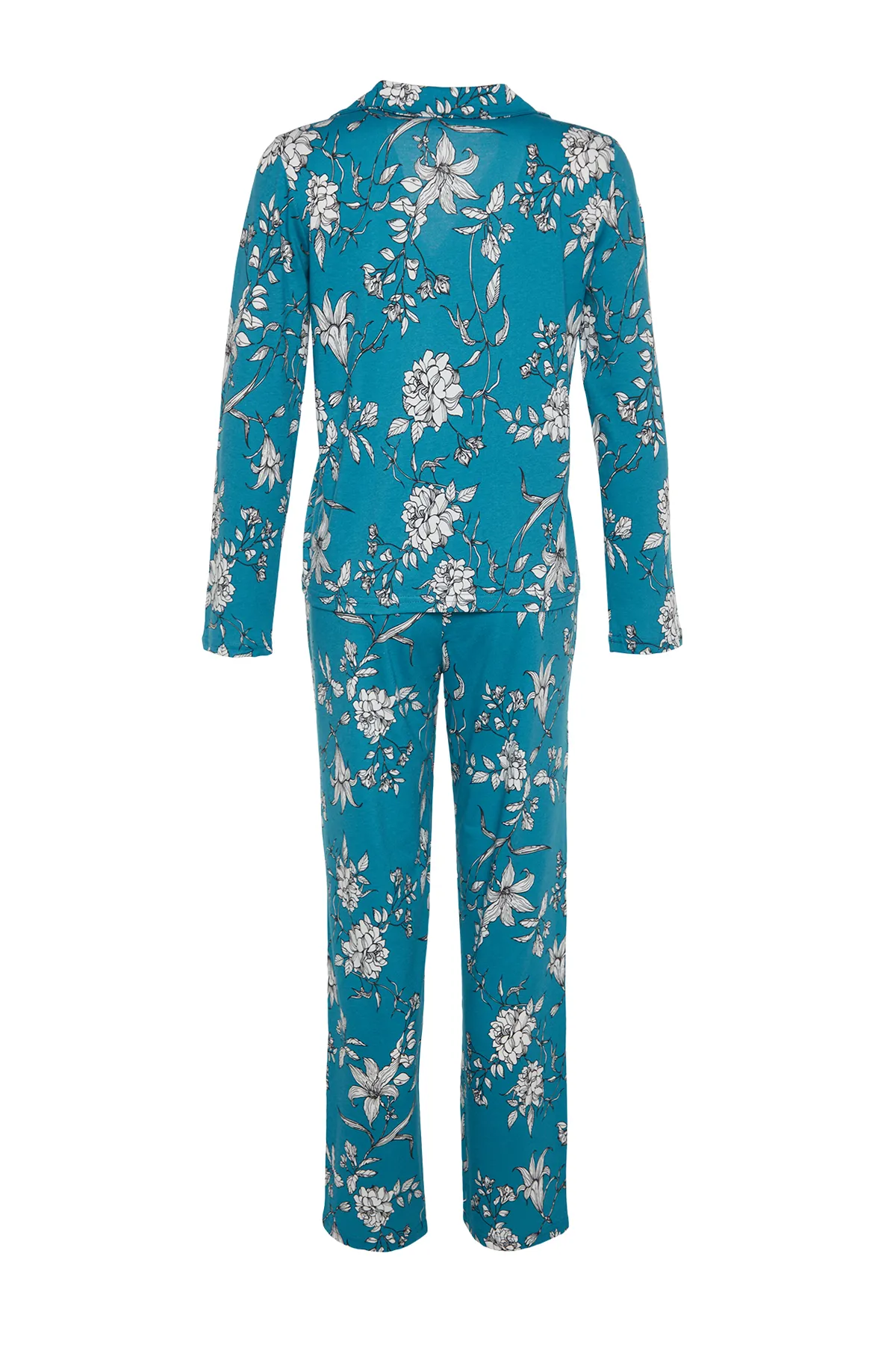 Trendyol Collection  Petrolfarbenes Pyjama-Set aus Hemd und Hose aus 100 % Baumwolle mit Blumenmuster THMAW24PT00133
