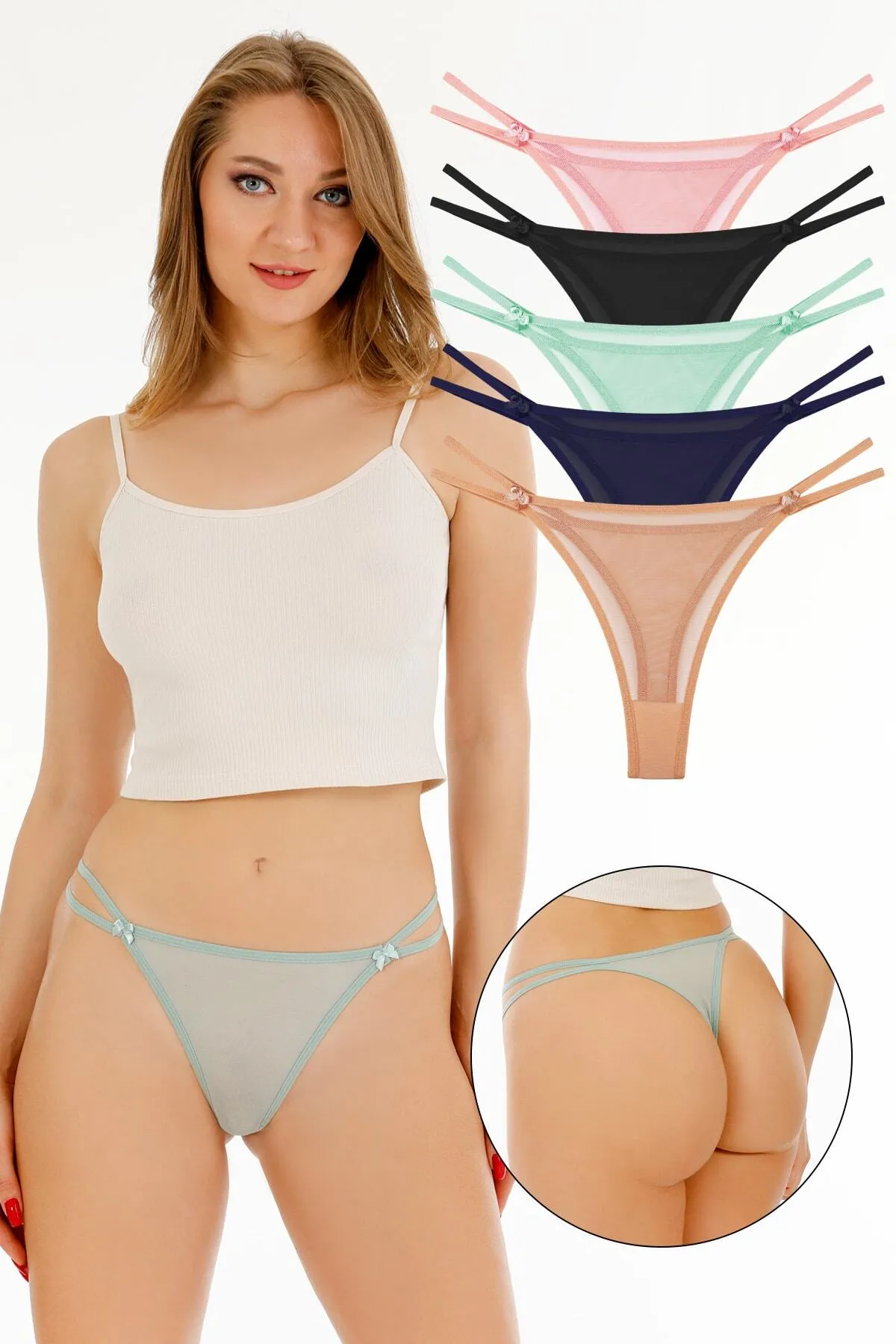 Sensu  5-teiliges Höschen-Set aus Tüll mit detailliertem String-Taillen-Tanga für Damen – Kts4003