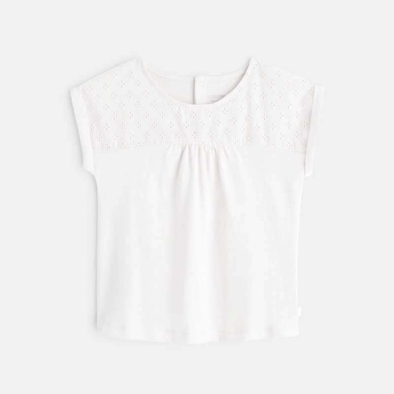 T-shirt bi-matière broderie anglaise blanc bébé fille