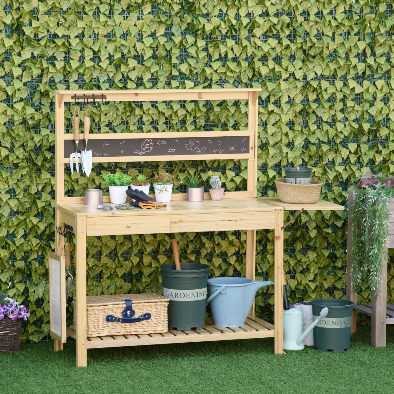 Outsunny Pflanztisch Gärtnertisch mit 8 Haken Schublade Natur 151x45,5x143 cm
