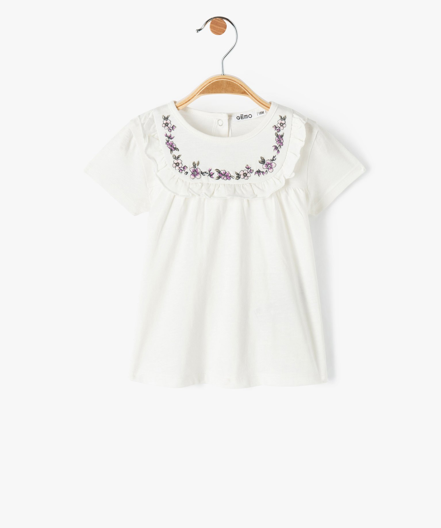 Tee-shirt bébé fille à plastron brodé et volanté ecru | GEMO
