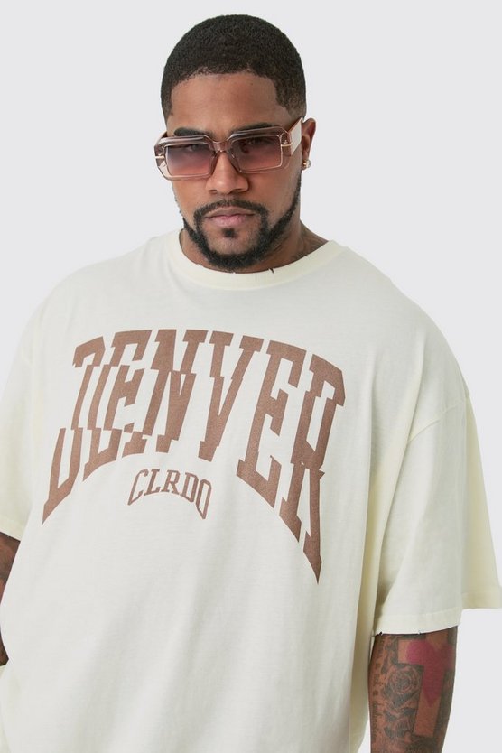Plus zerrissenes Oversize T-Shirt mit Acid-Waschung und Denver Print