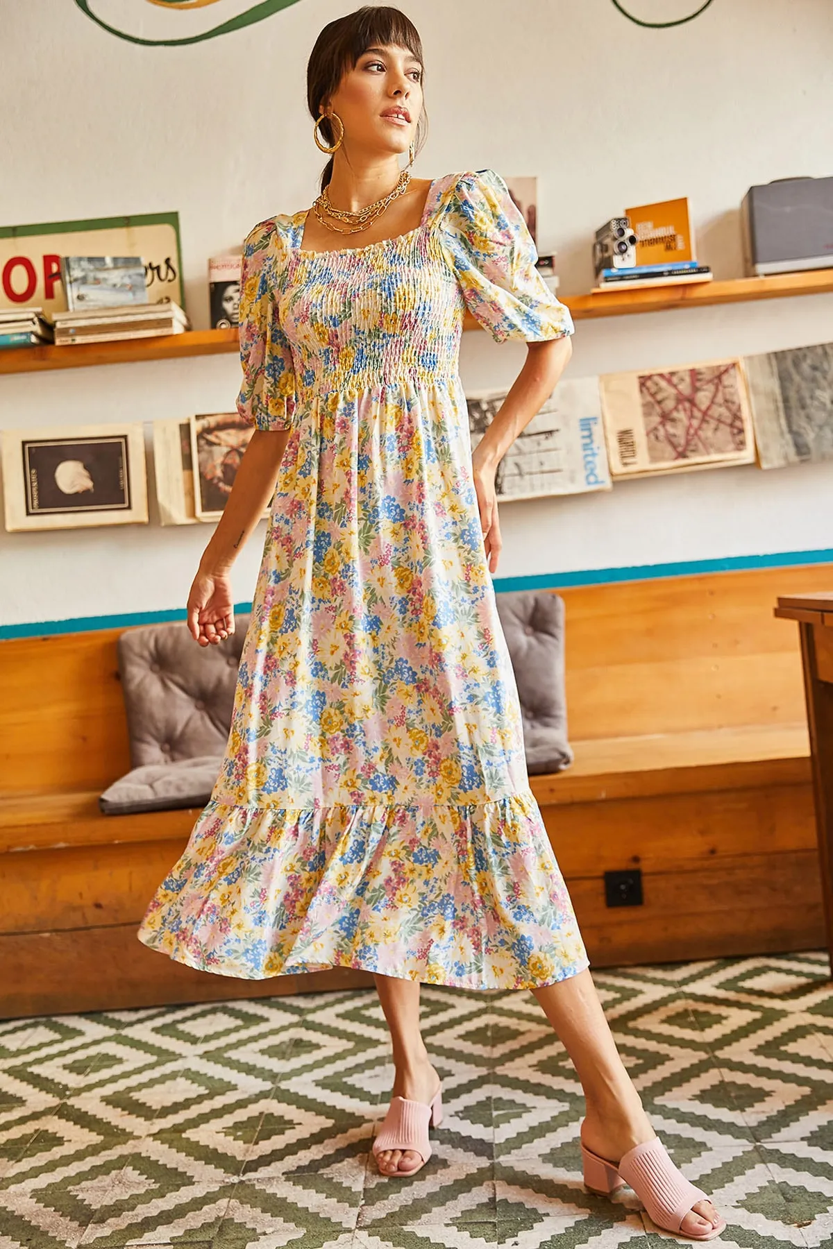 Olalook  Gelbblaues Gimped-Freizeitkleid aus gewebter Viskose für Damen ELB-19001483