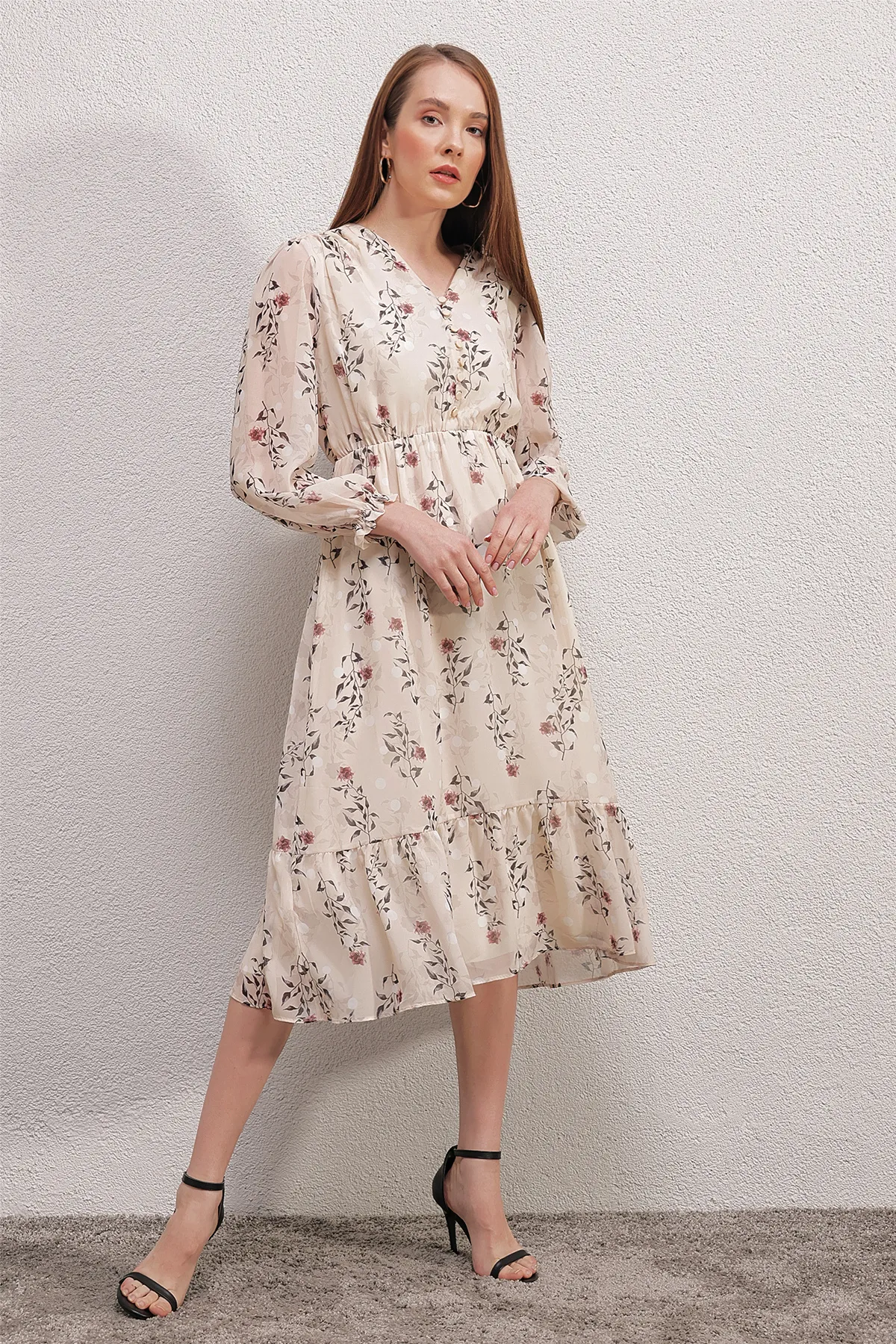 Bigdart  2137 Gemustertes Chiffonkleid – Creme