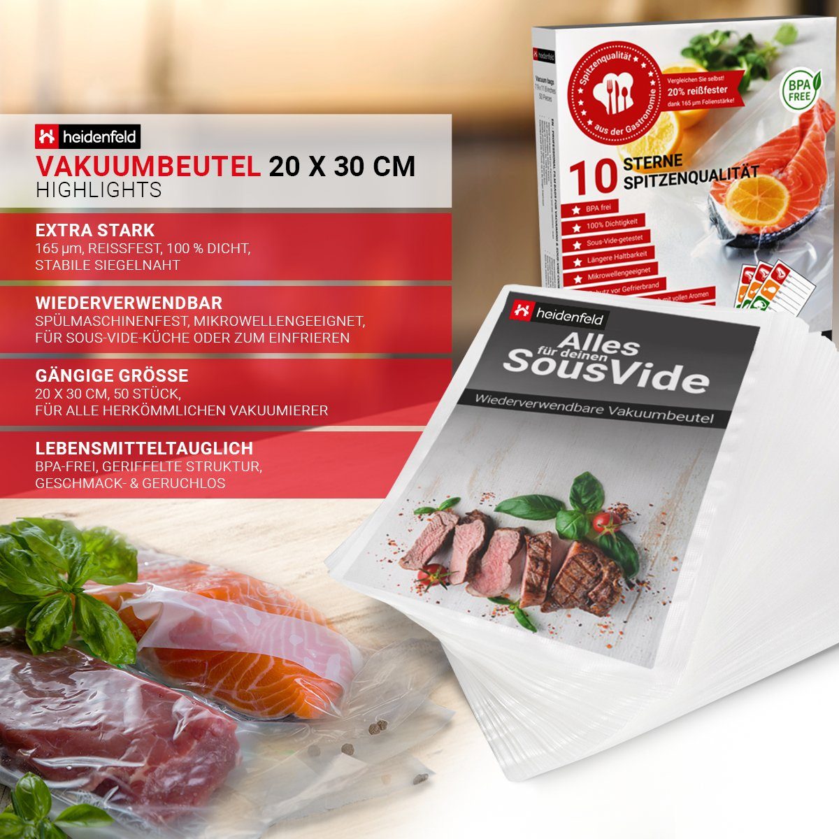 Heidenfeld Vakuumierbeutel Vakuumbeutel 50/100/200 Stk. 20 x 30 cm - Vakuum - Aufbewahrungsbeutel, Zubehör für Heidenfeld Vakuumierer HF-VK100, Folienbeutel für Lebensmittel - Sous Vide Beutel
