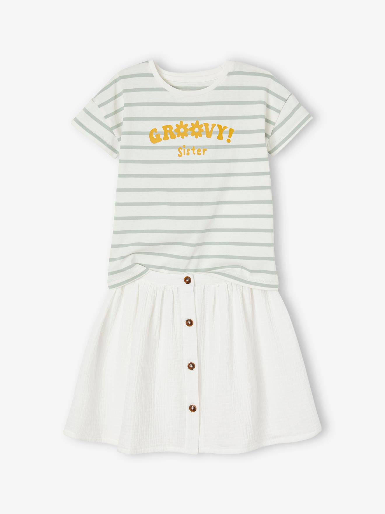 Ensemble tee-shirt et jupe en gaze de coton fille terracotta