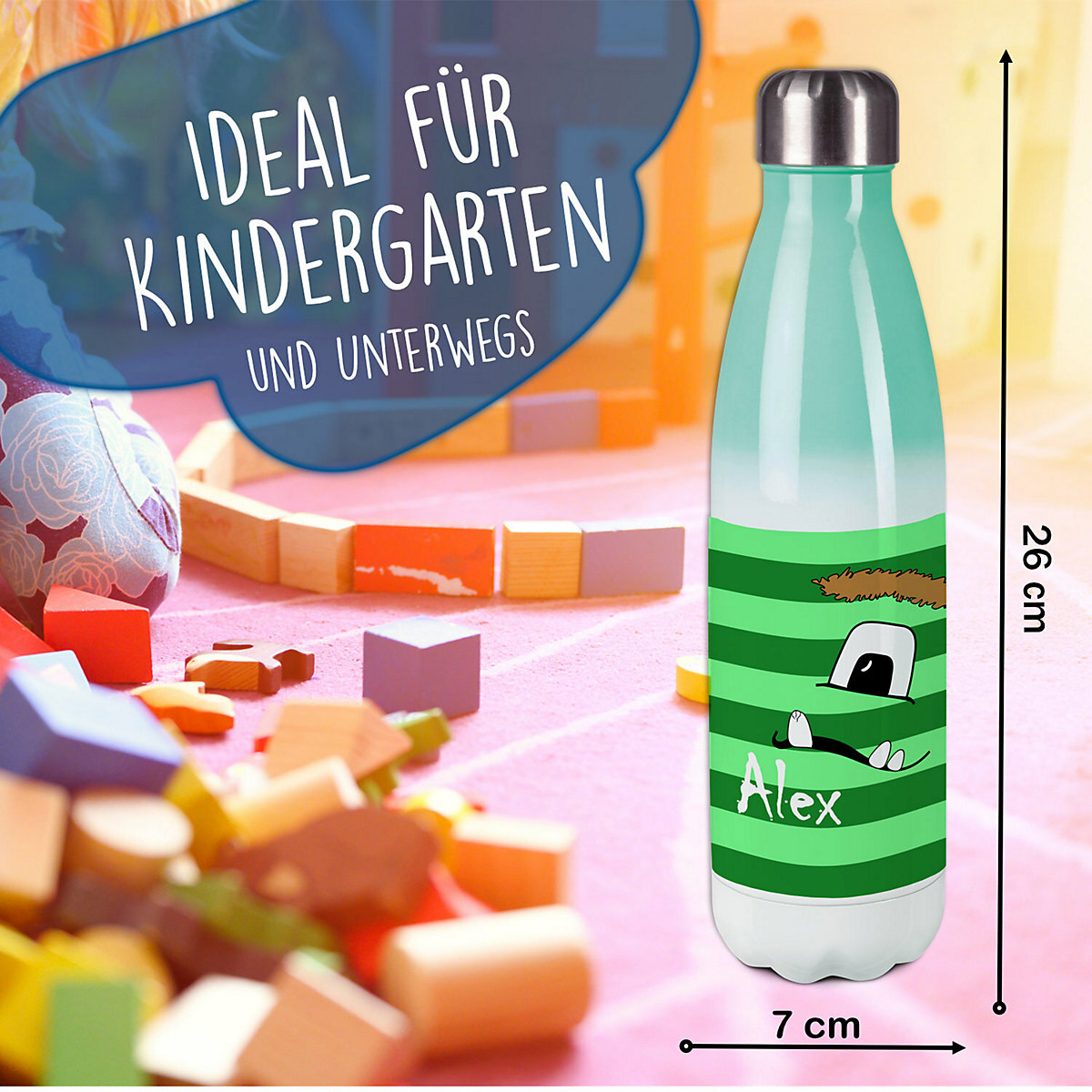 Edelstahl Kinder Thermoflasche / Trinkflasche bunt Monster Streifen Farbe grün Spülmaschinenfest, Auslaufsicher, Bruchfest, Doppelwandig, Für Heißgetränke geeignet, Mit Deckel, Isoliert