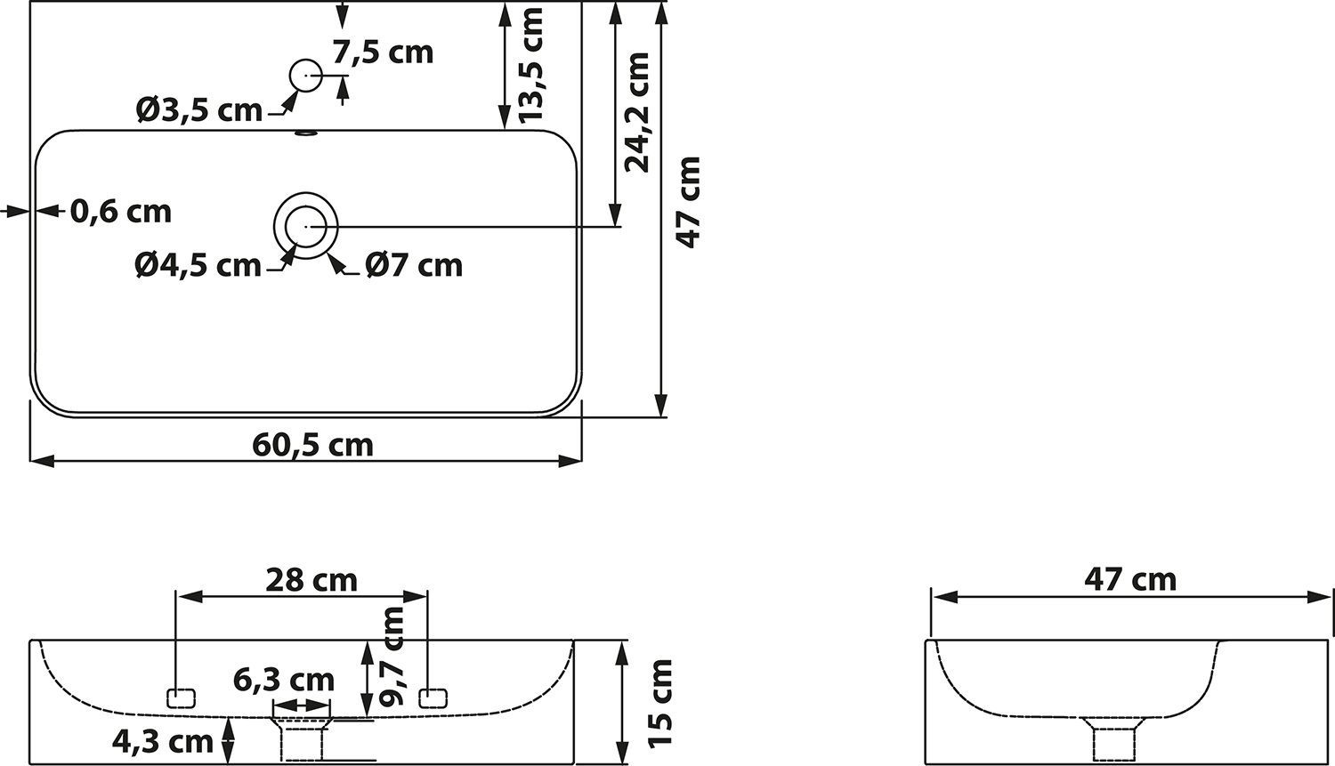 SCHÖNER WOHNEN-Kollektion Waschbecken Dara, 60,5 cm, Aufsatz- oder Wand-Montage, eckig, Überlauf, Hahnloch, Weiß