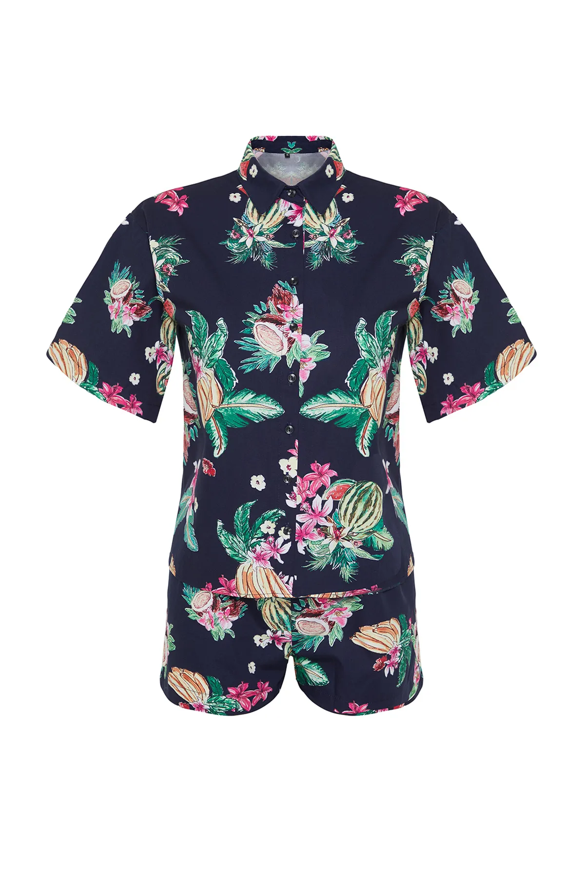 Trendyol Collection  Gewebtes Hemd-Shorts-Set mit tropischem Muster TBESS24AU00075
