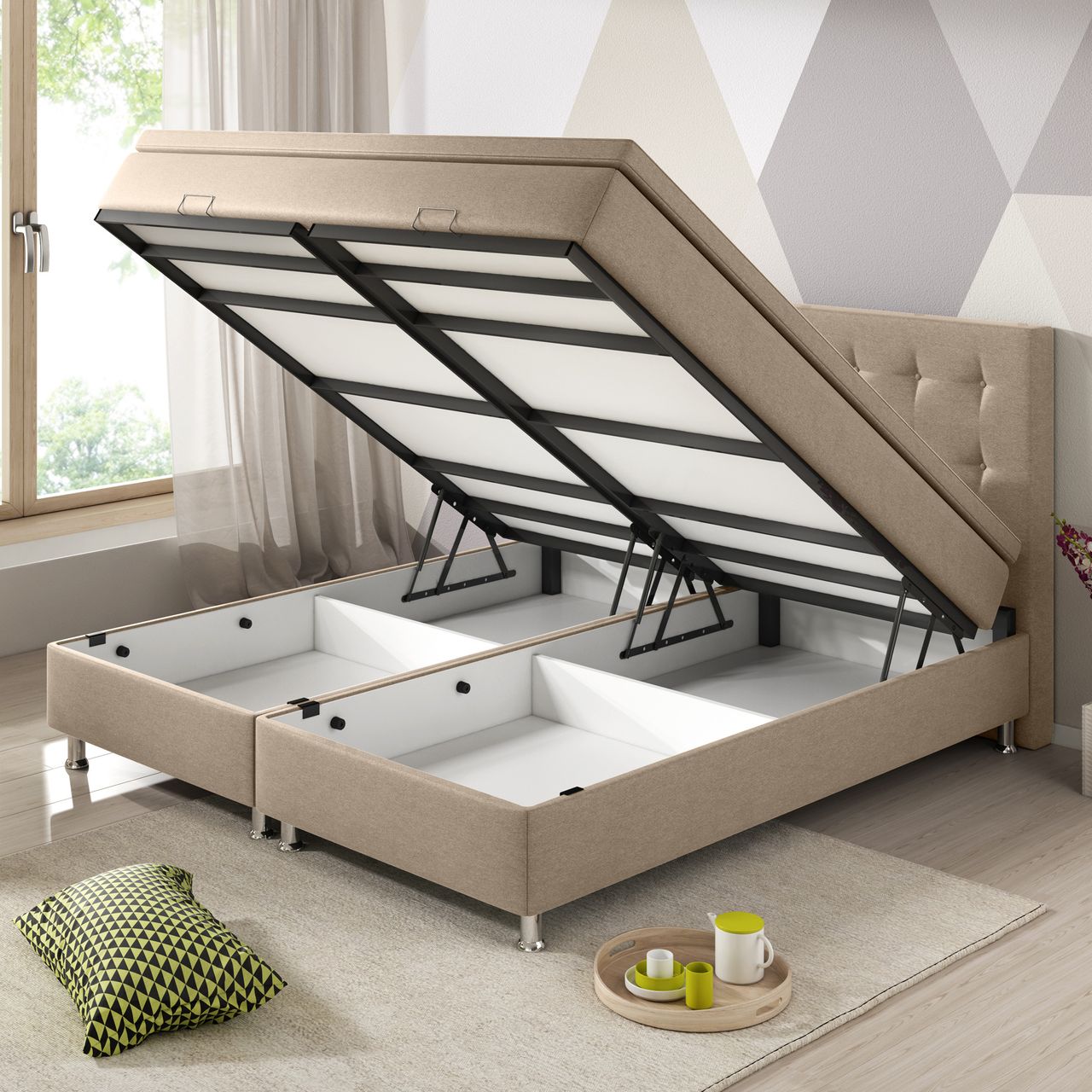 IHG Boxspringbett Köln mit Bettkasten 180x200 Webstoff Muddy