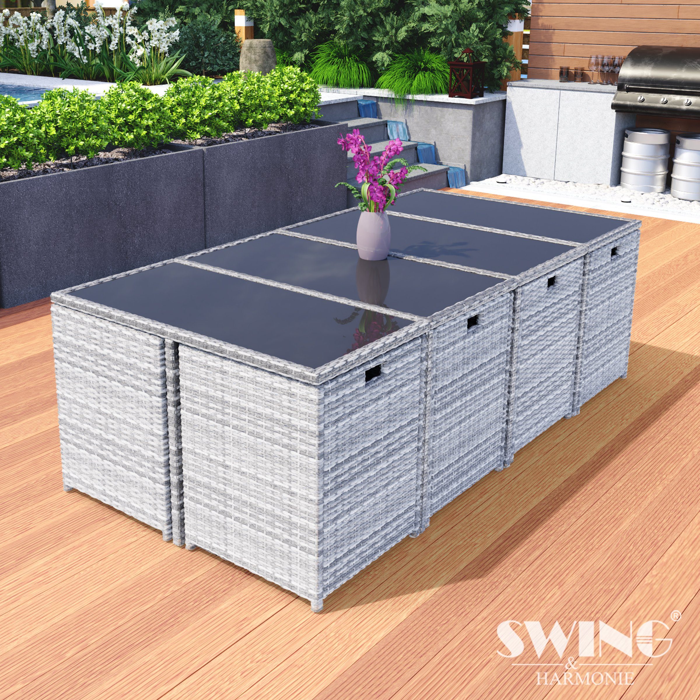 Swing&Harmonie Garten-Essgruppe Poly Rattan Sitzgruppe Esstisch Lounge Gartenmöbel Sitzgarnitur Tisch, Stühle, Hocker Garnitur Set
