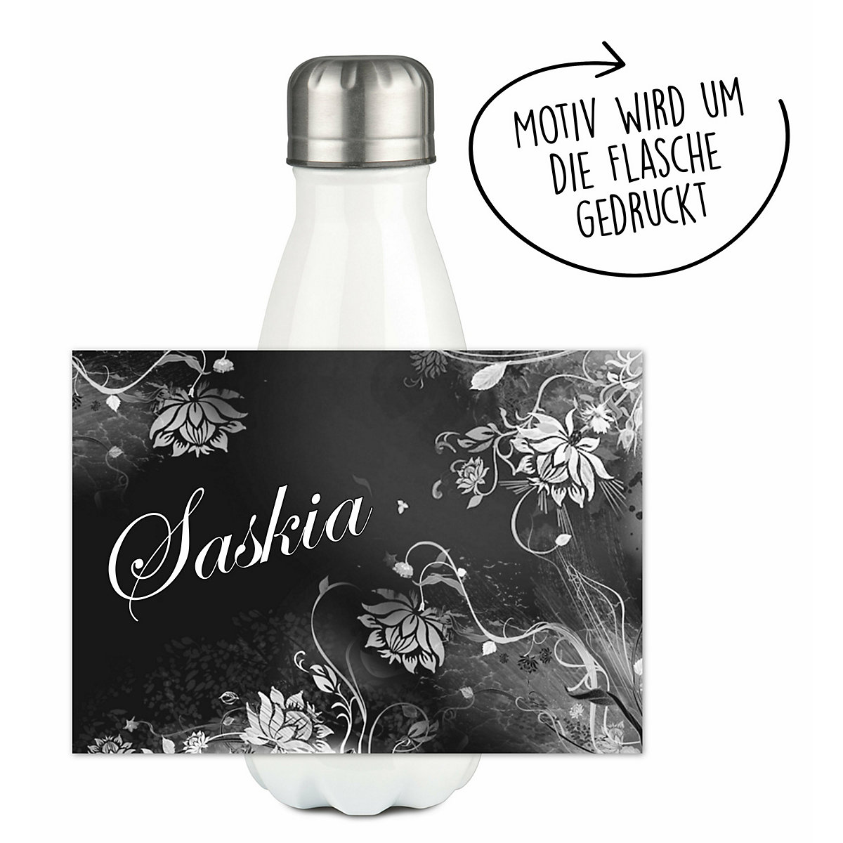 Edelstahl Kinder Thermoflasche / Trinkflasche bunt Blumenranke Farbe schwarz Spülmaschinenfest, Auslaufsicher, Bruchfest, Doppelwandig, Für Heißgetränke geeignet, Mit Deckel, Isoliert