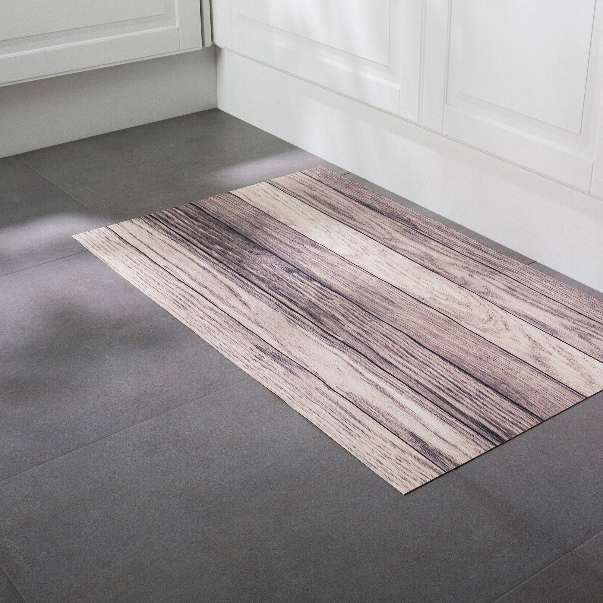 Tapis vinyle effet parquet cérusé