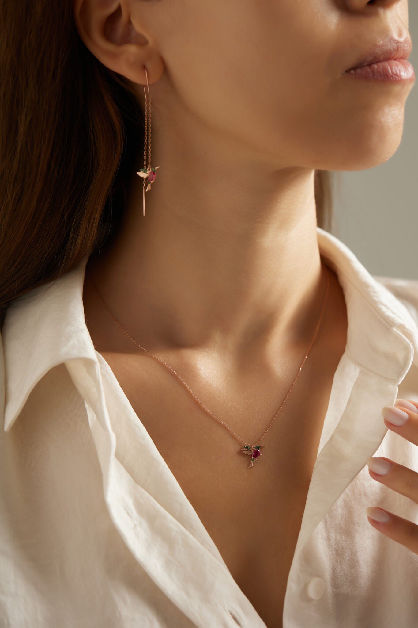 Einzelstück Kette mit Anhänger Einzelstück Kolibri Kette aus 925 Sterling Silber, rosé vergoldet, mit funkelnden Steinen