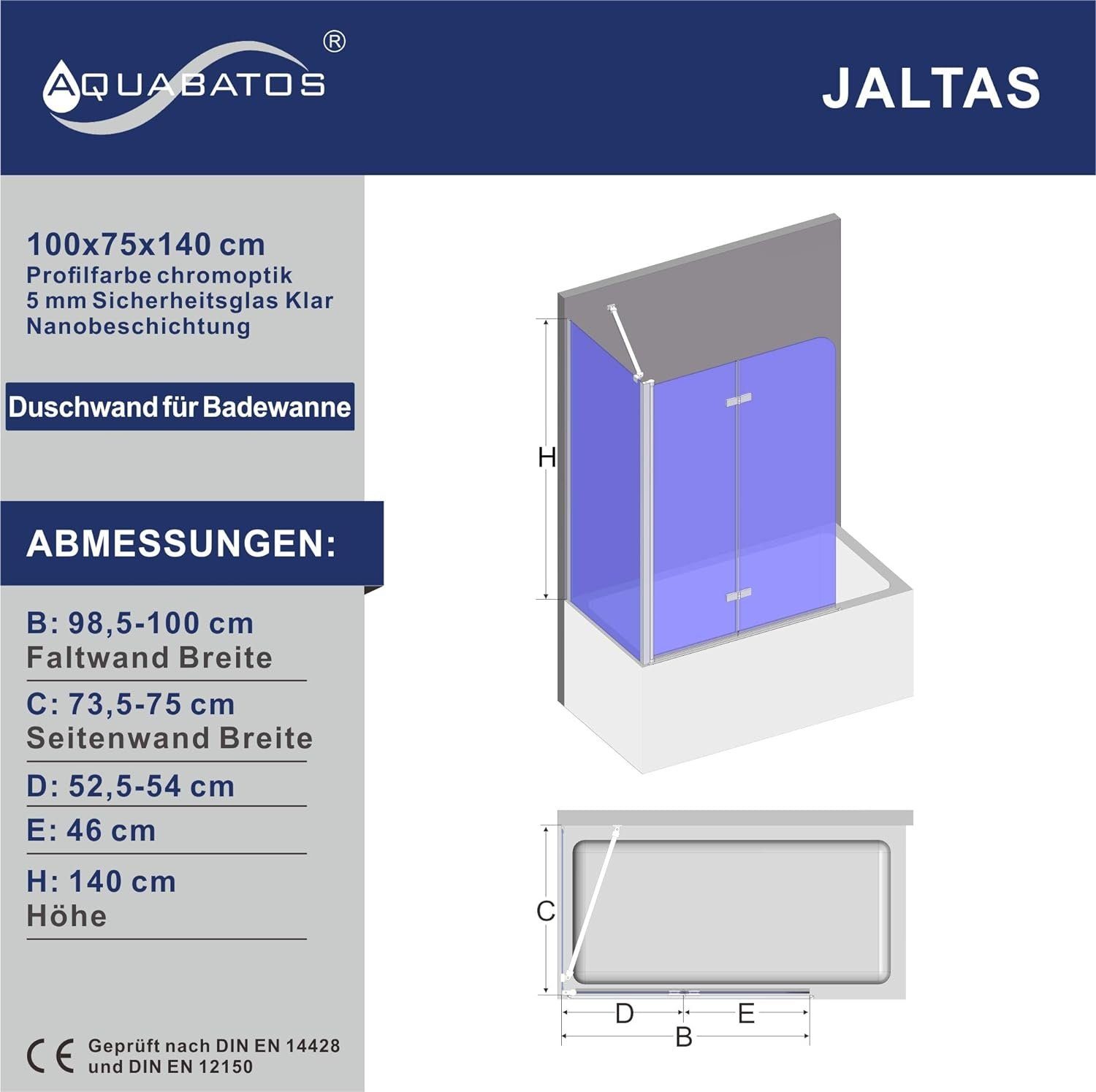 AQUABATOS Badewannenfaltwand Glas mit Seitenwand Duschtrennwand für Badewanne 100x75x140 cm, 5 mm Einscheiben-Sicherheitsglas (ESG)
